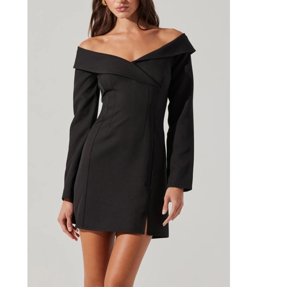 NEW ASTR Label BLACK Off The Shoulder TUXEDO COLLAR Long Sleeve COCKTAIL DRESS S - Picture 10 of 11